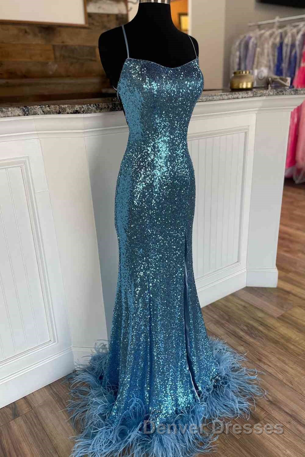 Long Sequined Blue Straps Prom Dress with Feather Hem Secondary image