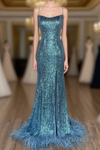 Long Sequined Blue Straps Prom Dress with Feather Hem