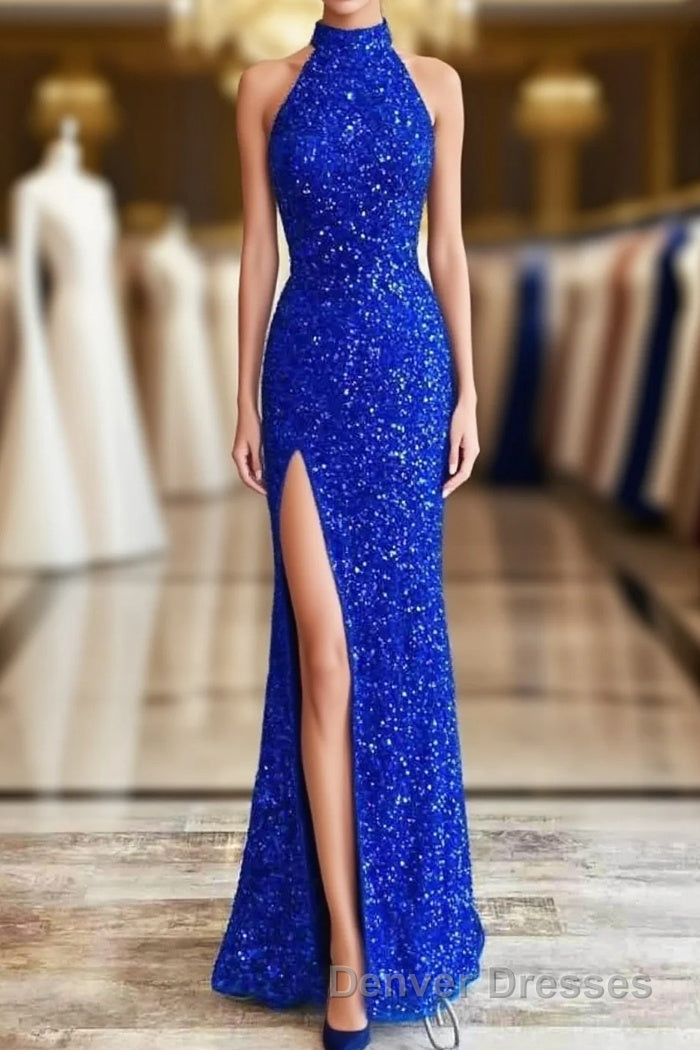 Sequins High Neck Royal Blue Long Party Dress with Slit Main image