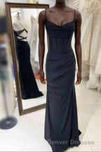 Black Pleated Long Prom Dress with Spaghetti Straps