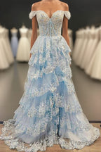 Light Blue Corset Lace Tiered Tulle Long Formal Dress