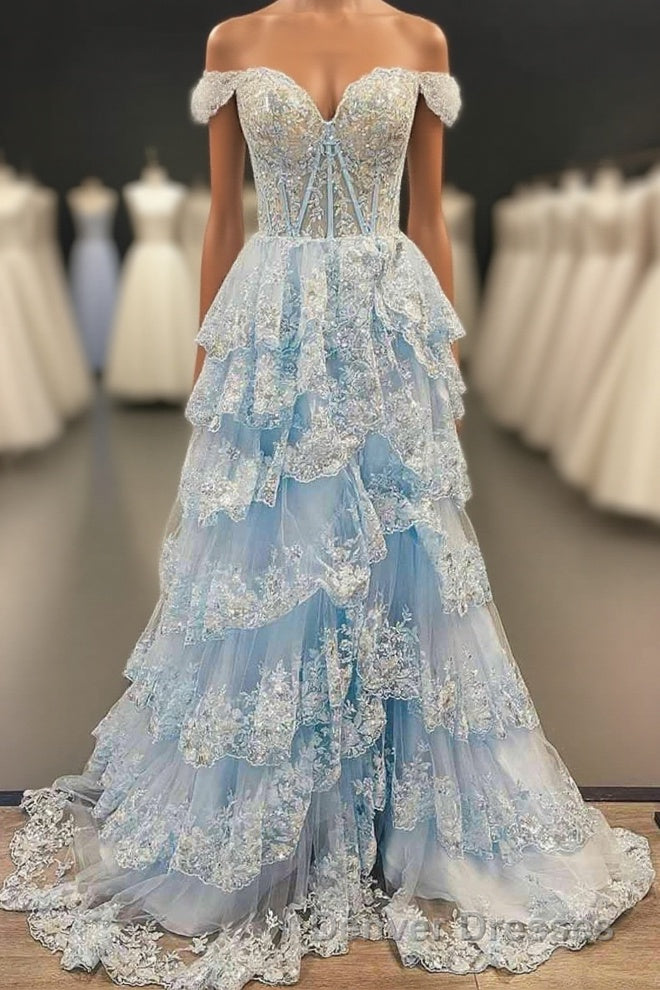 Light Blue Corset Lace Tiered Tulle Long Formal Dress Main image