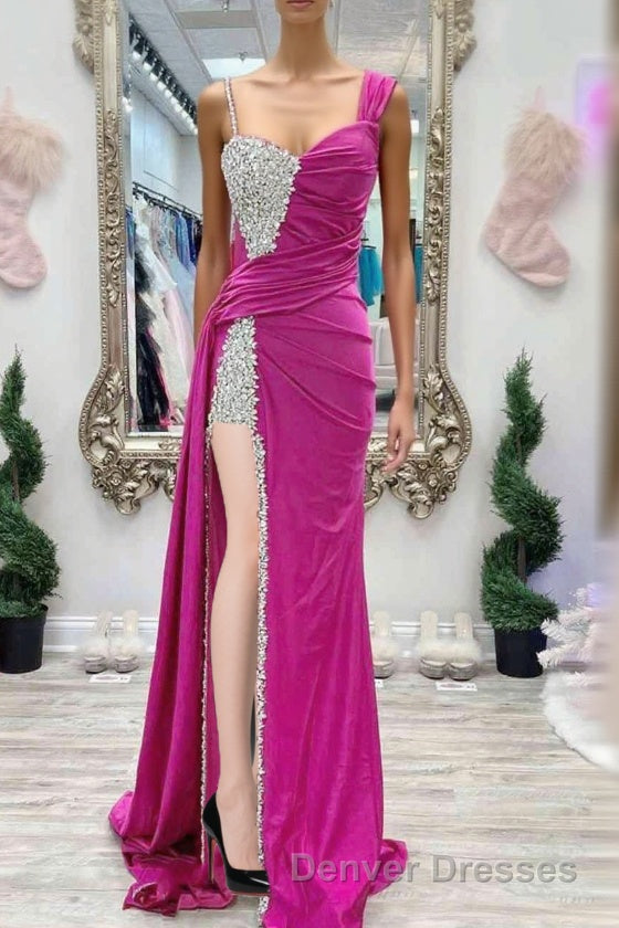 Chic Fuchsia Beaded Long Porm Dress