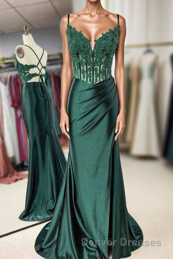 Mermaid Emerald Green Straps Ruched Prom Dress with Slit Main image