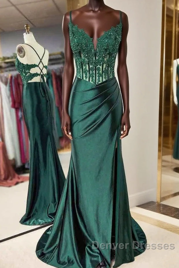 Mermaid Emerald Green Straps Ruched Prom Dress with Slit Main image