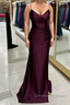 Cabernet Satin V Neck Lace-Up Back Pleated Long Prom Dress with Silt