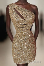 One Shoulder Gold Cutout Sequin Tight Homecoming Dress