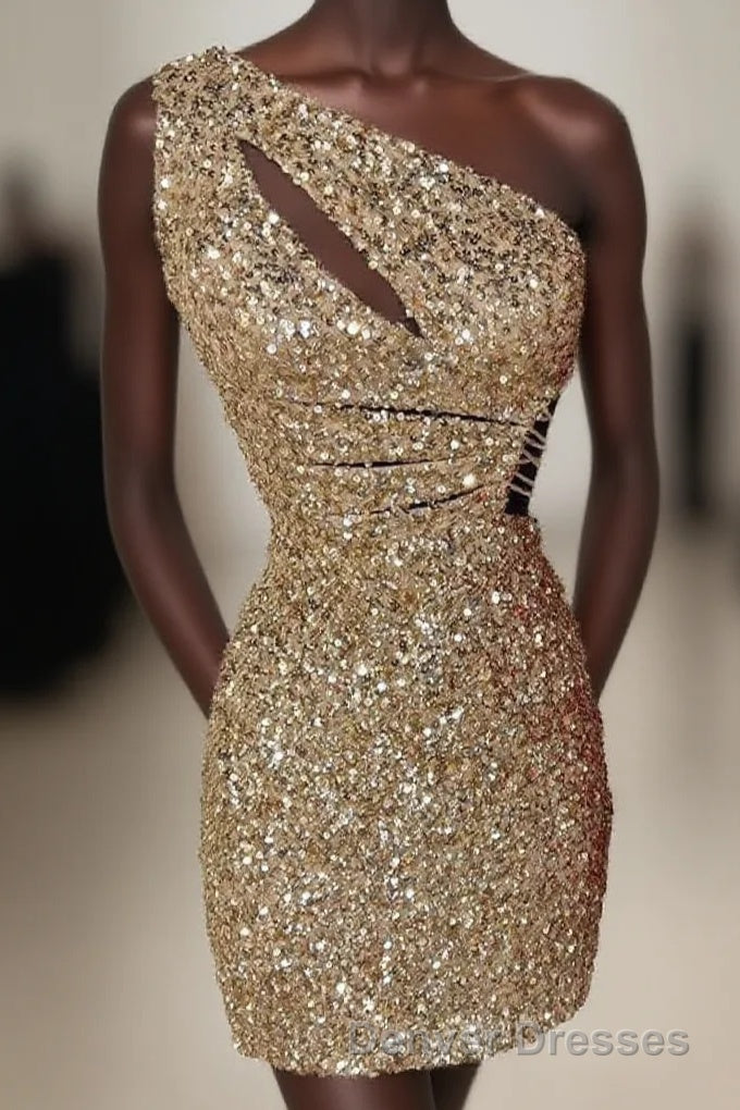 One Shoulder Gold Cutout Sequin Tight Homecoming Dress