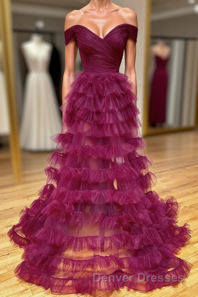 Off the Shoulder Burgundy Pleated Sheer Tiered Prom Dress Main image