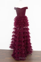 Off the Shoulder Burgundy Pleated Sheer Tiered Prom Dress