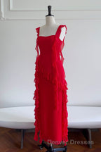 Square Neck Red Ruffle Chiffon Long Party Dress