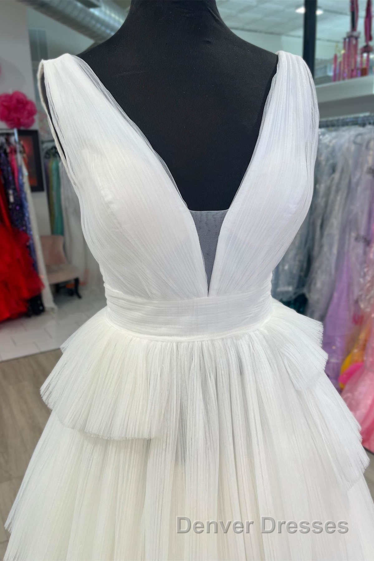 White V-Neck Pleated Layered Long Formal Dress Secondary image