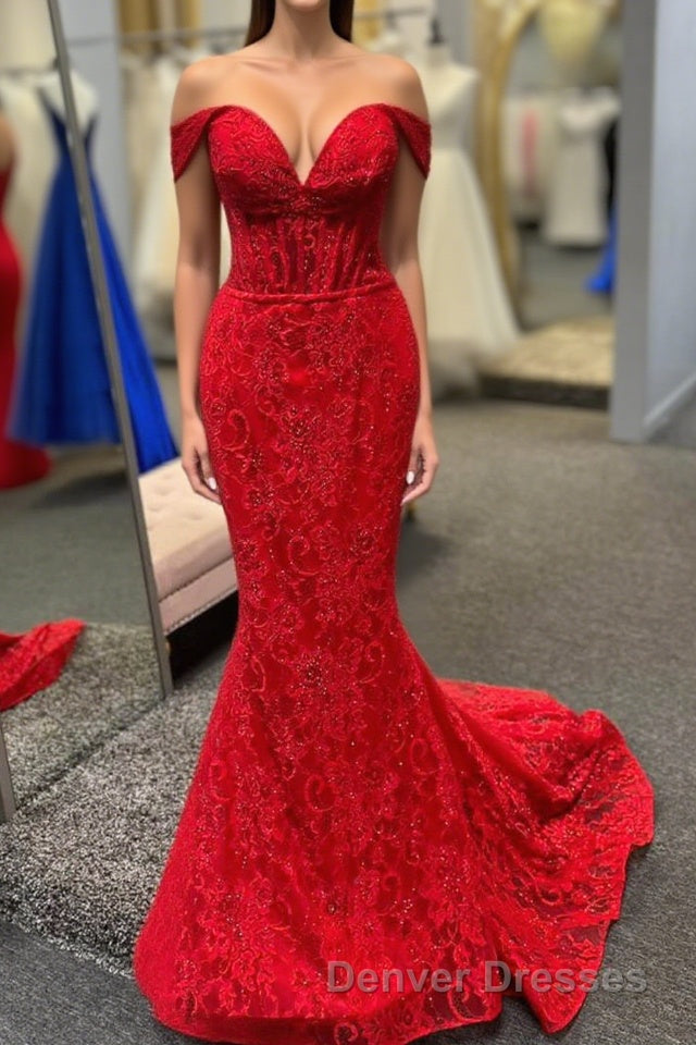 Off the Shoulder Red Sheer Lace Corset Mermaid Prom Dress Main image