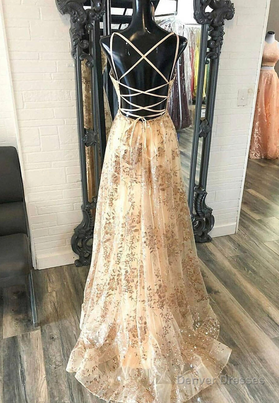 Champagne V-Neck Sequins Long Prom Dresses, A-Line Evening Dresses Main image