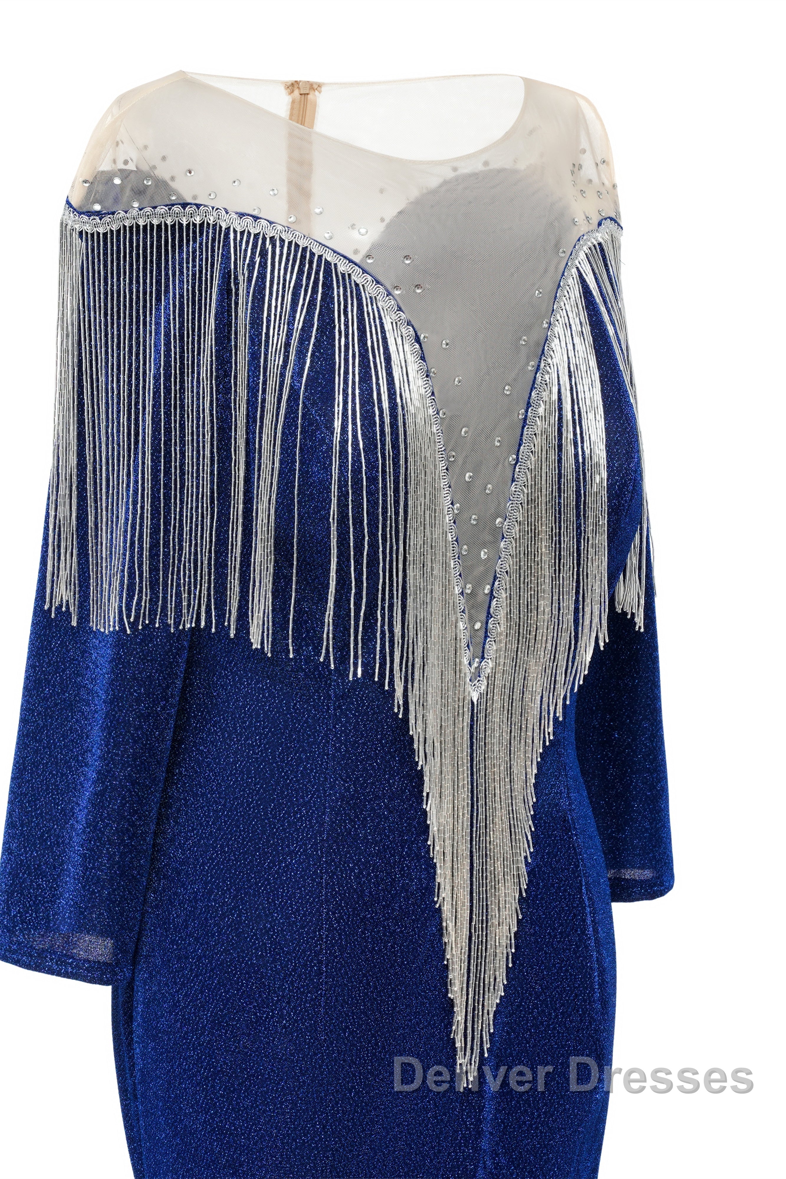 Deep V-neck Shiny Royal Blue Long sleeves Mermaid Prom Dress