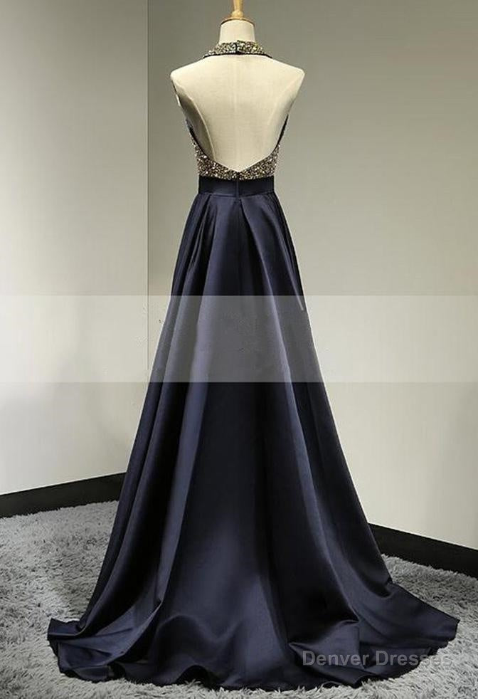 Halter Beading Backless Sweep Train A-Line/Princess Satin Prom Dresses Secondary image
