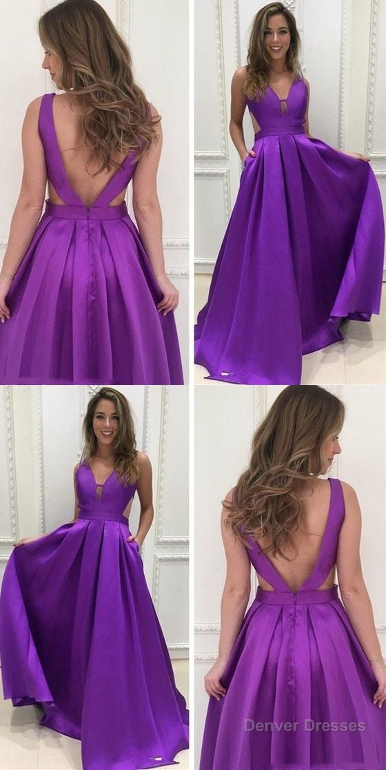 A Line Deep V Neck Backless Purple Satin Prom Dress With Pockets Main image