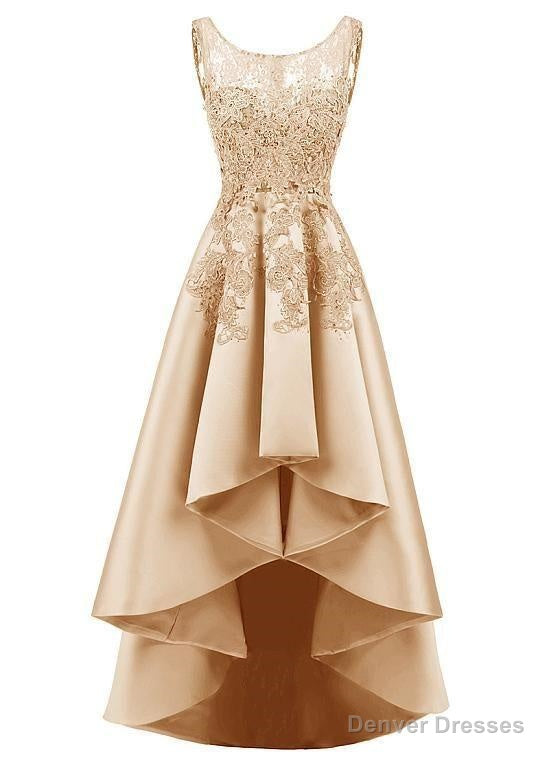 In Stock Pretty Tulle Amp Satin Scoop Neckline Hi Lo A Line Prom Dresses With Hot Fix Rhinestones Amp Lace Appliques Main image