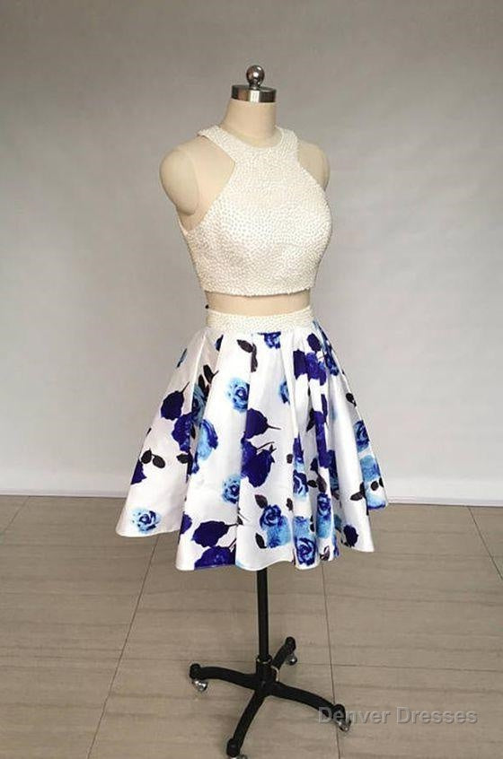 Two Piece Ivory Jewel Floral Print Satin Short Homecoming Dress With Pearls Main image