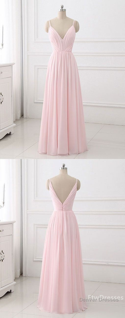 pink v neck chiffon long prom dress evening dress Main image