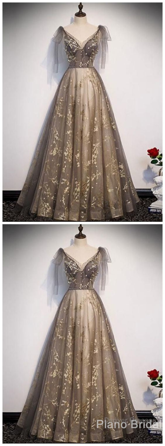 Elegant V Neck Gray Gold Tulle Lace Long Prom Dress, Tulle Formal Dress Secondary image
