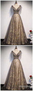 Elegant V Neck Gray Gold Tulle Lace Long Prom Dress, Tulle Formal Dress