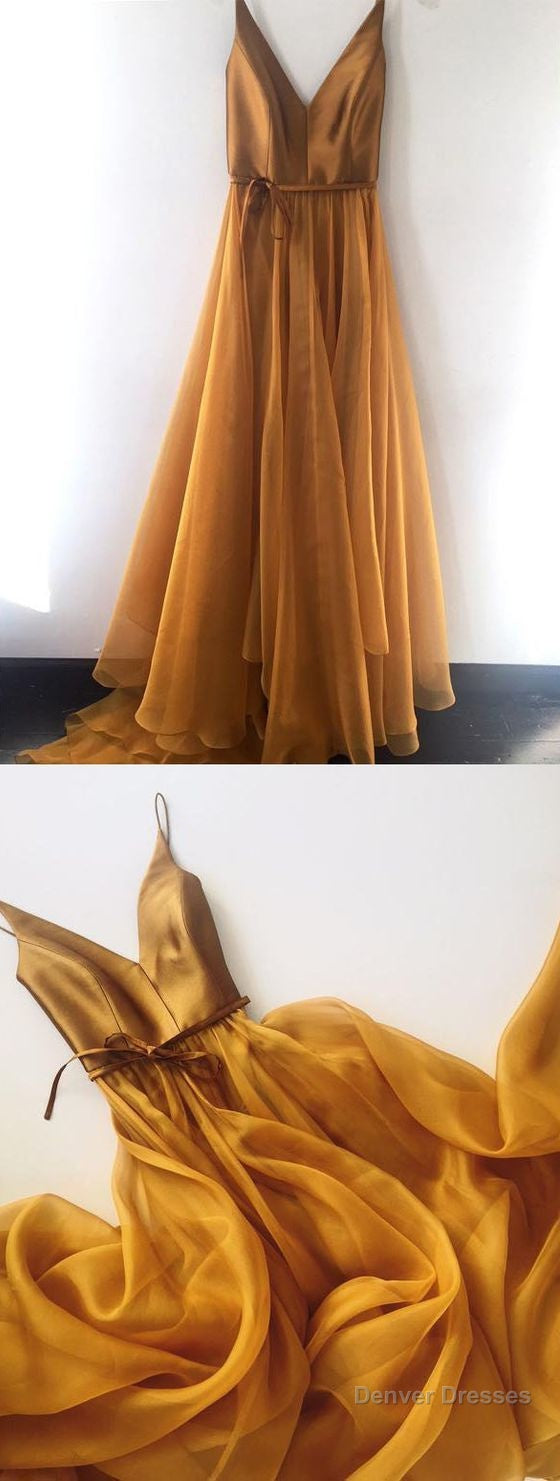Spaghetti Strap A Line V Neck Gold Formal Cheap Long Prom Dresses Main image