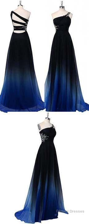Ombre A Line One Shoulder Beading Chiffon Prom Dress, Gradient Formal Dress Main image