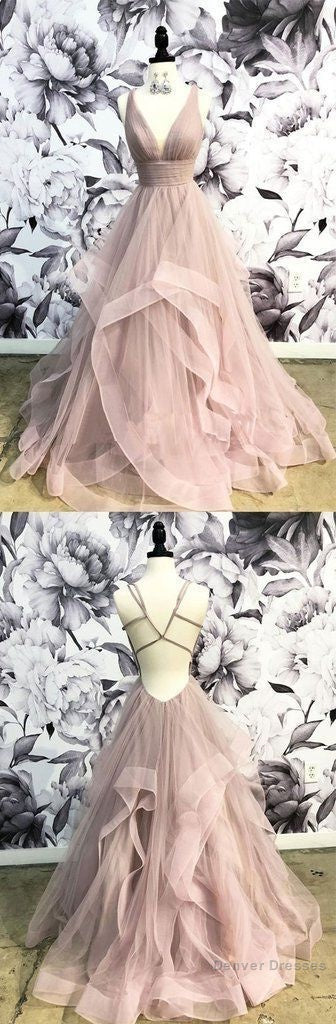 Champagne V Neck Tulle Long Prom Dress, Tulle Evening Dress Main image