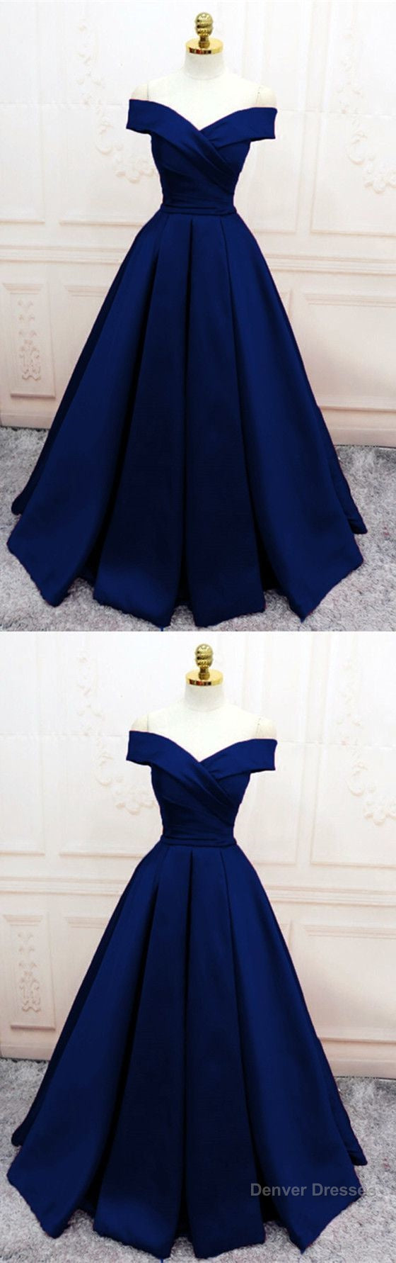Navy Blue Satin V Neck Off Shoulder Prom Dresses, Long Evening Gowns Main image
