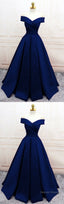 Navy Blue Satin V Neck Off Shoulder Prom Dresses, Long Evening Gowns