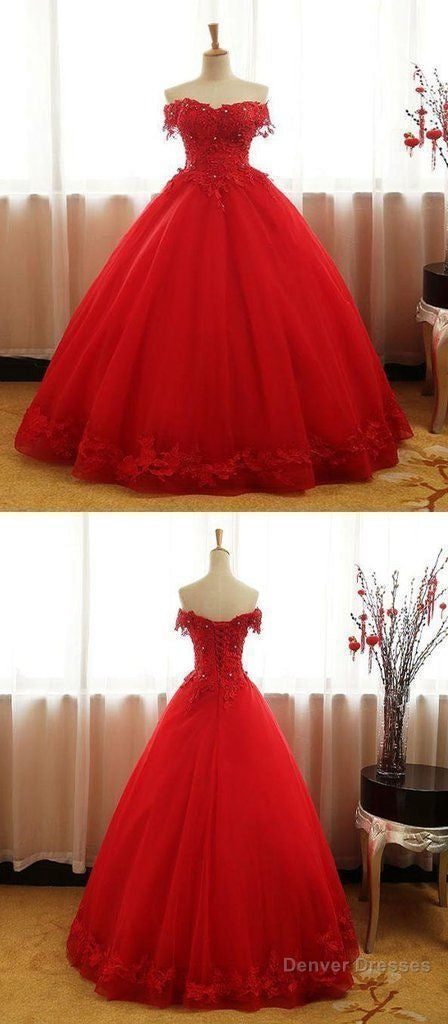 A Line Red Ball Gown Tulle Off Shoulder Long Prom Dresses Main image