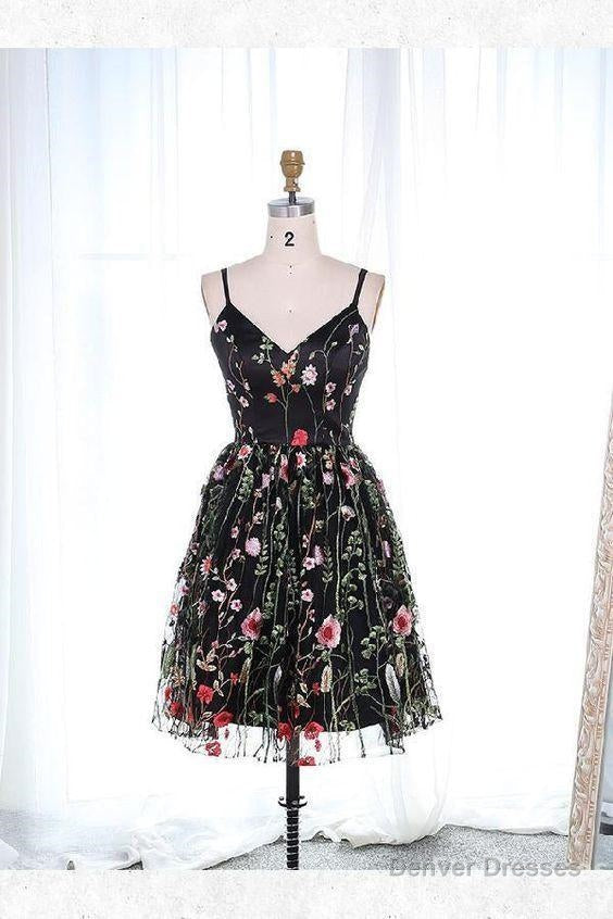 homecoming dresses lace a line spaghetti straps short black lace homecoming dress Main image
