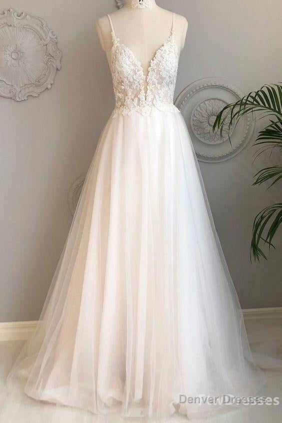white v neck tulle lace long prom dress Main image