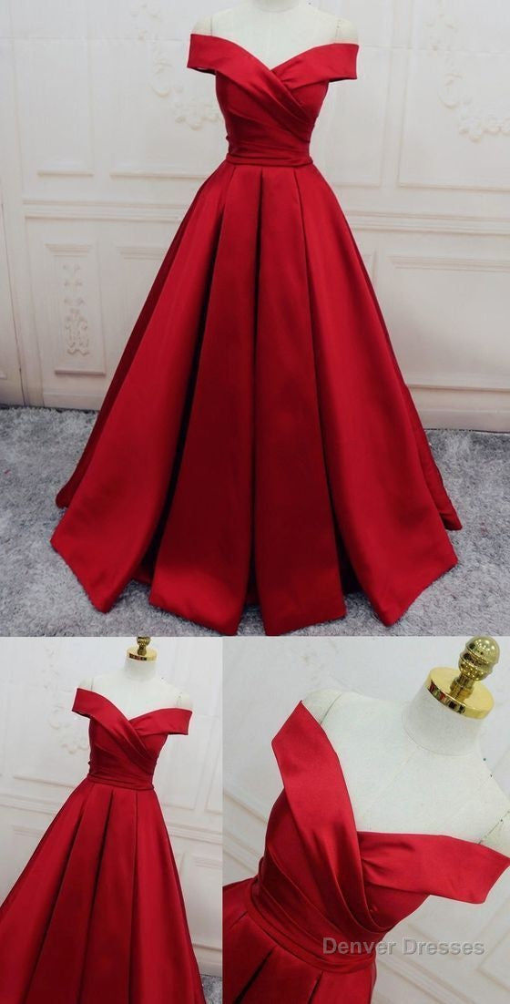 Evening Dresses, A Line Princess Prom Dresses, Long Party Dresses, Off The Shoulder Red Long Satin Party Dress Main image