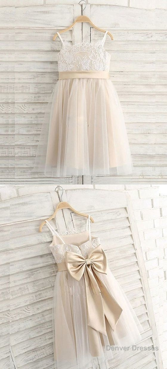 A Line Spaghetti Straps Light Champagne Flower Girl Dress With Lace