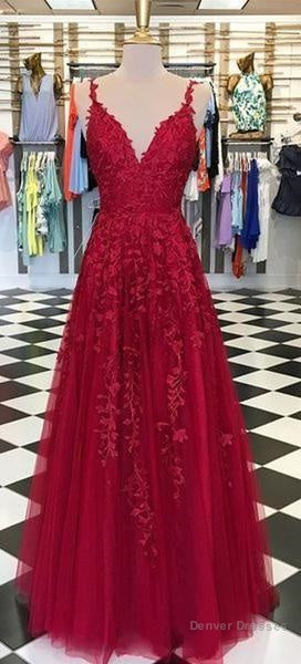 Red Appliques Lace Long A Line Tulle Prom Dresses Main image