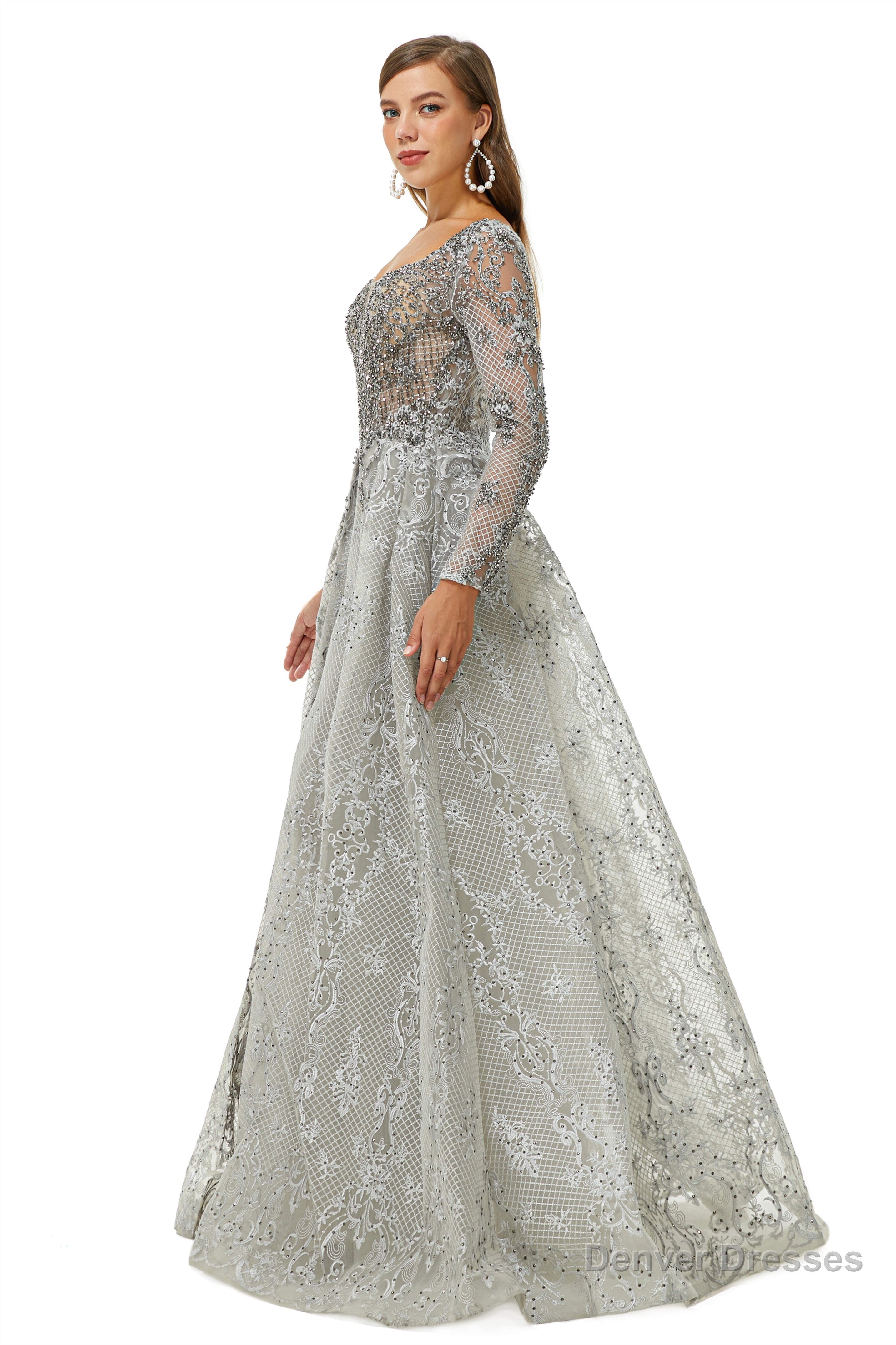 Tulle Long Sleeve Appliques Beading Prom Dresses