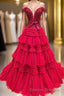 Off the Shoulder Red Appliques Tiered Long Formal Dress