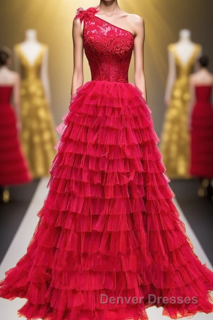 One Shoulder Lace and Tulle Tiered Ruffle Prom Dress Main image