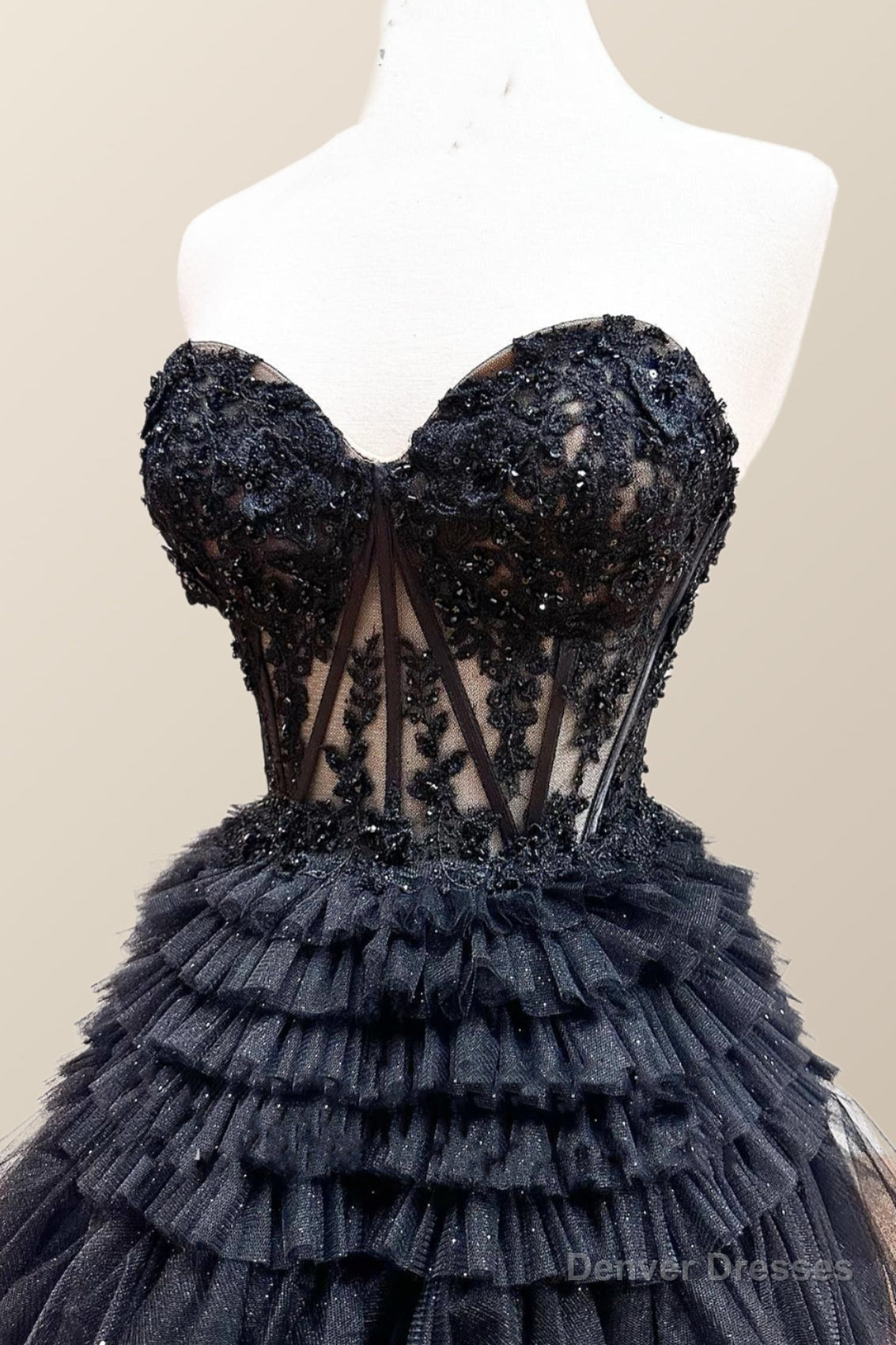Sweetheart Black Lace Appliques Tiered Long Formal Dress Secondary image
