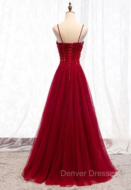 Gemgrace Burgundy Prom Dress, Long Tulle Formal Dress With Straps