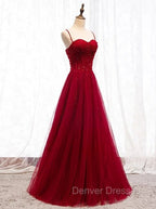 Gemgrace Burgundy Prom Dress, Long Tulle Formal Dress With Straps
