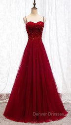 Gemgrace Burgundy Prom Dress, Long Tulle Formal Dress With Straps