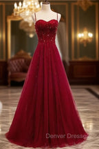 Gemgrace Burgundy Prom Dress, Long Tulle Formal Dress With Straps