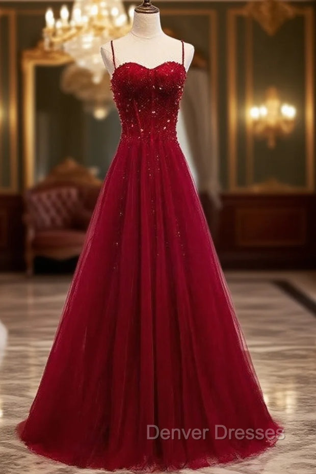 Gemgrace Burgundy Prom Dress, Long Tulle Formal Dress With Straps