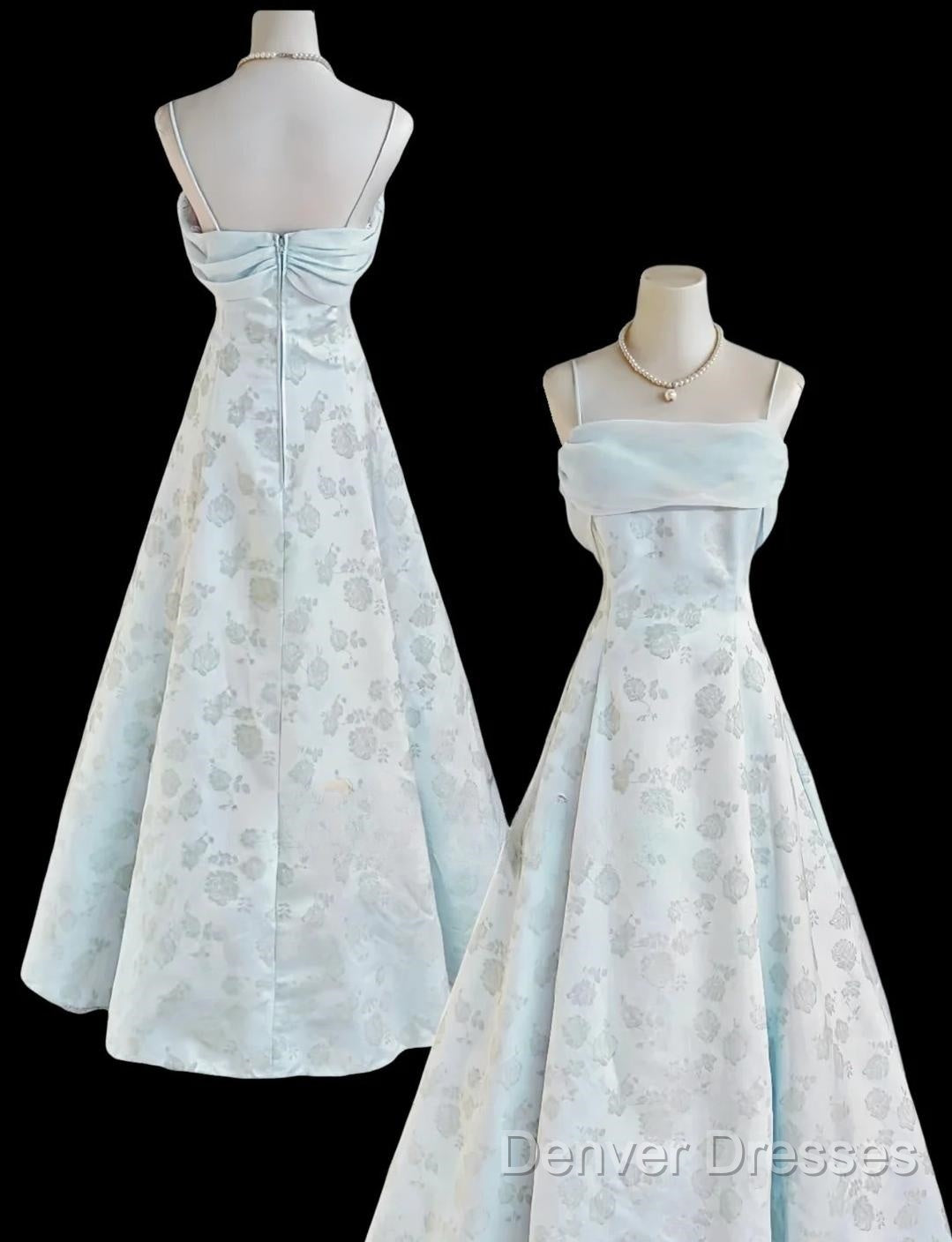 Gentle Blue A-Line Spaghetti Strap Satin Chiffon Long Prom Dress Birthday Dress Graduation Prom Dress