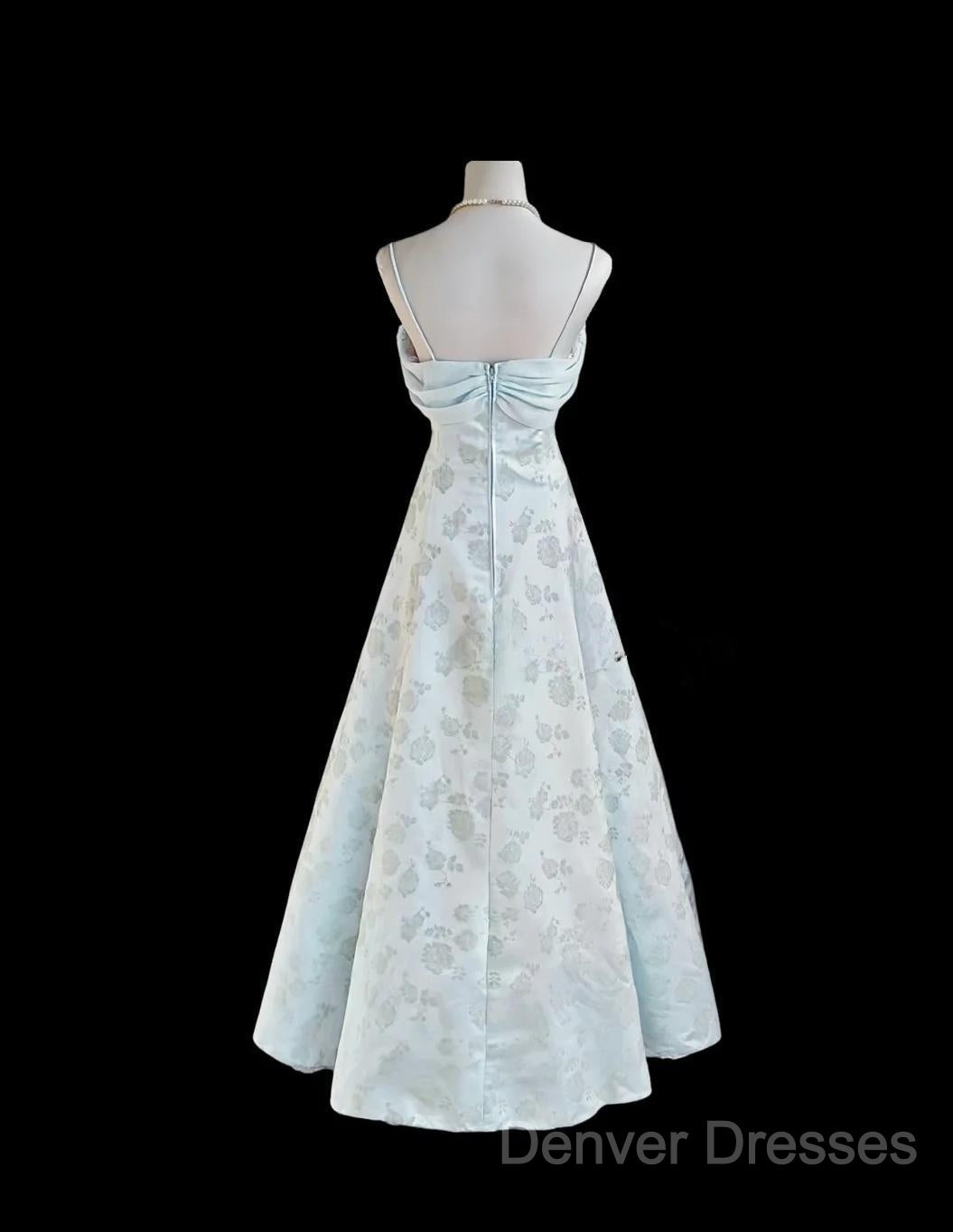 Gentle Blue A-Line Spaghetti Strap Satin Chiffon Long Prom Dress Birthday Dress Graduation Prom Dress