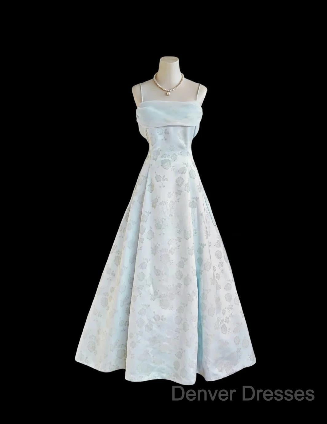 Gentle Blue A-Line Spaghetti Strap Satin Chiffon Long Prom Dress Birthday Dress Graduation Prom Dress