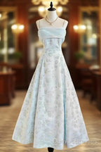 Gentle Blue A-Line Spaghetti Strap Satin Chiffon Long Prom Dress Birthday Dress Graduation Prom Dress